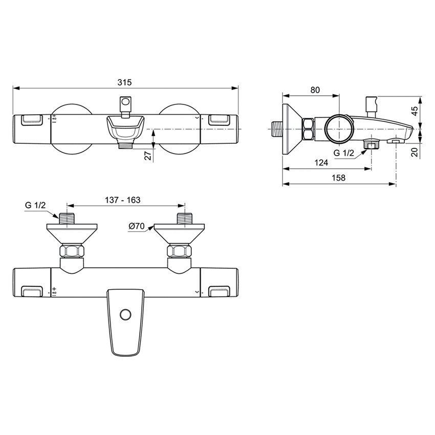 Immagine di Ideal Standard CERATHERM T25 miscelatore termostatico esterno per vasca o doccia, senza componenti doccia, finitura cromo A7206AA
