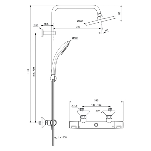 Immagine di Ideal Standard CERATHERM T25 colonna doccia con termostatico esterno, supporto doccetta, doccetta Idealrain, soffione Ø 20 cm e tubo flessibile 150 cm, finitura cromo A7208AA