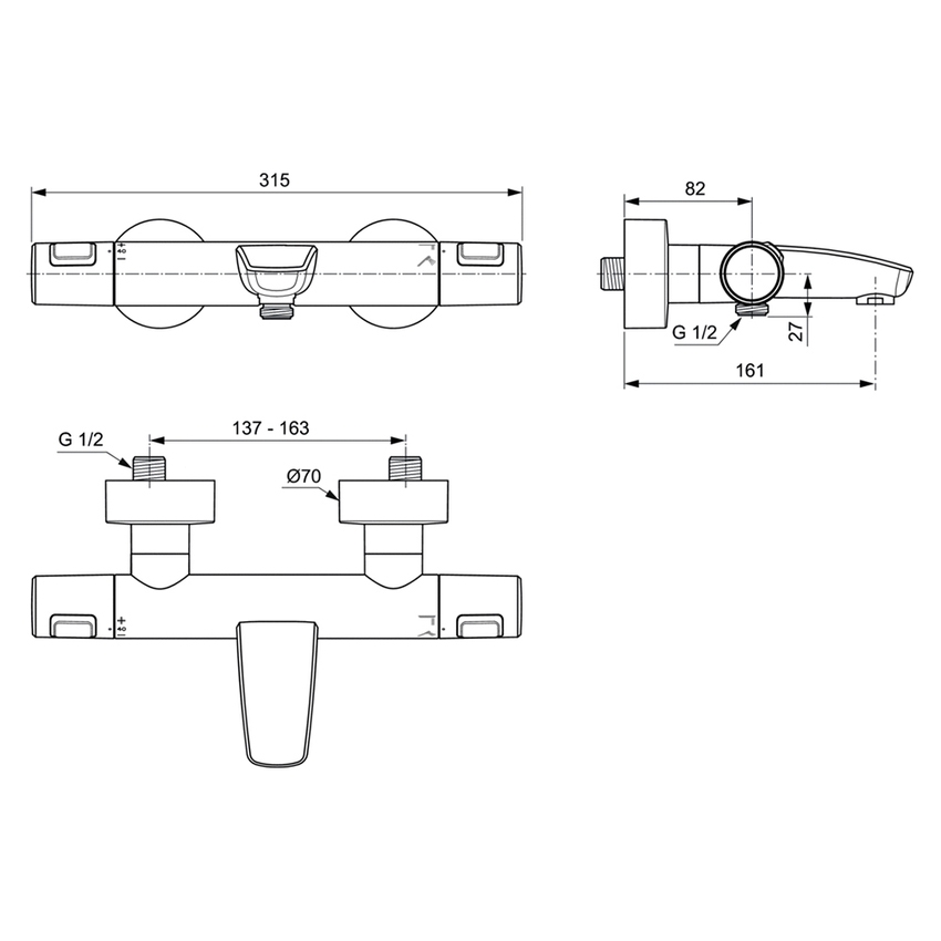 Immagine di Ideal Standard CERATHERM T25 miscelatore termostatico esterno per vasca o doccia, con tecnologia CoolBody, senza componenti doccia, colore nero seta finitura opaco A7544XG