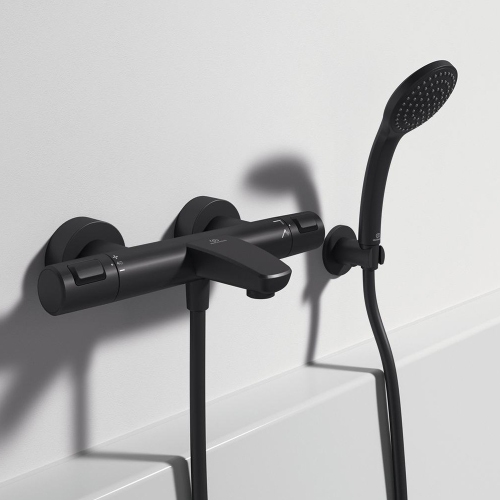 Immagine di Ideal Standard CERATHERM T25 miscelatore termostatico esterno per vasca o doccia, con tecnologia CoolBody, senza componenti doccia, colore nero seta finitura opaco A7544XG