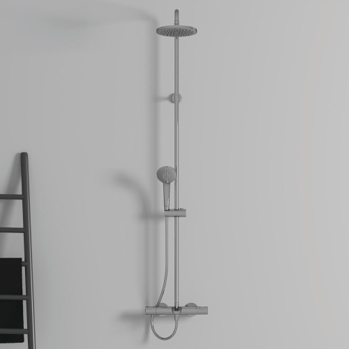 Immagine di Ideal Standard CERATHERM T25 colonna per vasca o doccia con termostatico esterno, supporto doccetta, doccetta Idealrain, tubo flessibile 175 cm e soffione tondo Ø 20 cm, finitura cromo A7590AA