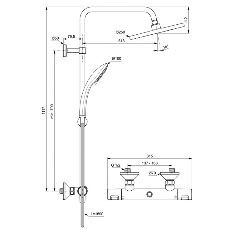 Ideal Standard A7627AA CERATHERM T25 colonna doccia con termostatico esterno,  con deviatore, supporto doccetta, soffione rotondo Ø 25 cm, asta murale e  tubo flessibile 150 cm, finitura cromo