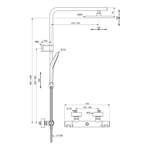 Immagine di Ideal Standard CERATHERM T25 colonna doccia con termostatico esterno, con deviatore, supporto doccetta, doccetta Idealrain, soffione rotondo Ø 25 cm e flessibile 175 cm, finitura cromo A7628AA