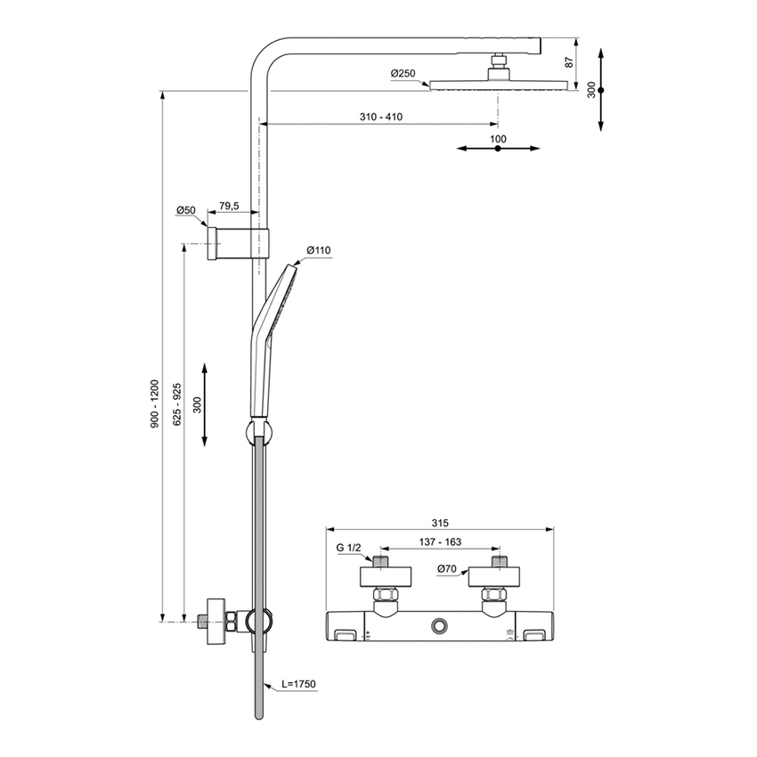 Immagine di Ideal Standard CERATHERM T25 colonna doccia con termostatico esterno, con deviatore, supporto doccetta, doccetta Idealrain, soffione rotondo Ø 25 cm e flessibile 175 cm, finitura cromo A7628AA