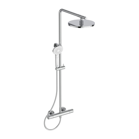 Immagine di Ideal Standard CERATHERM T25 colonna doccia con termostatico esterno, con deviatore, supporto doccetta, doccetta Idealrain, soffione rotondo Ø 25 cm e flessibile 175 cm, finitura cromo A7628AA