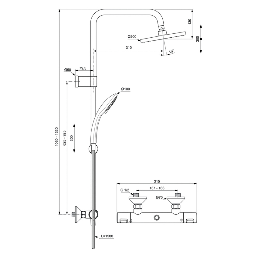 Immagine di Ideal Standard CERATHERM T25 colonna doccia con termostatico esterno, con deviatore, supporto doccetta, doccetta Idealrain, soffione rotondo Ø 20 cm e tubo flessibile 150 cm, finitura cromo A7701AA