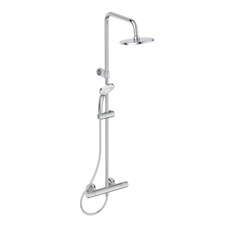 Immagine di Ideal Standard CERATHERM T25 colonna doccia con termostatico esterno, con deviatore, supporto doccetta, doccetta Idealrain, soffione rotondo Ø 20 cm e tubo flessibile 150 cm, finitura cromo A7701AA