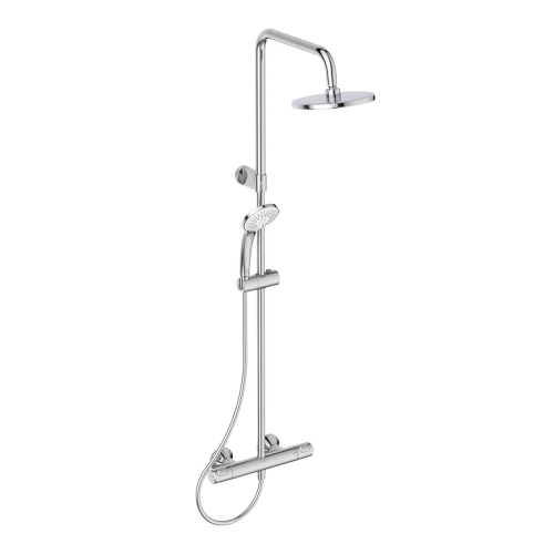 Immagine di Ideal Standard CERATHERM T25 colonna doccia con termostatico esterno, con deviatore, supporto doccetta, doccetta Idealrain, soffione rotondo Ø 20 cm e tubo flessibile 150 cm, finitura cromo A7701AA