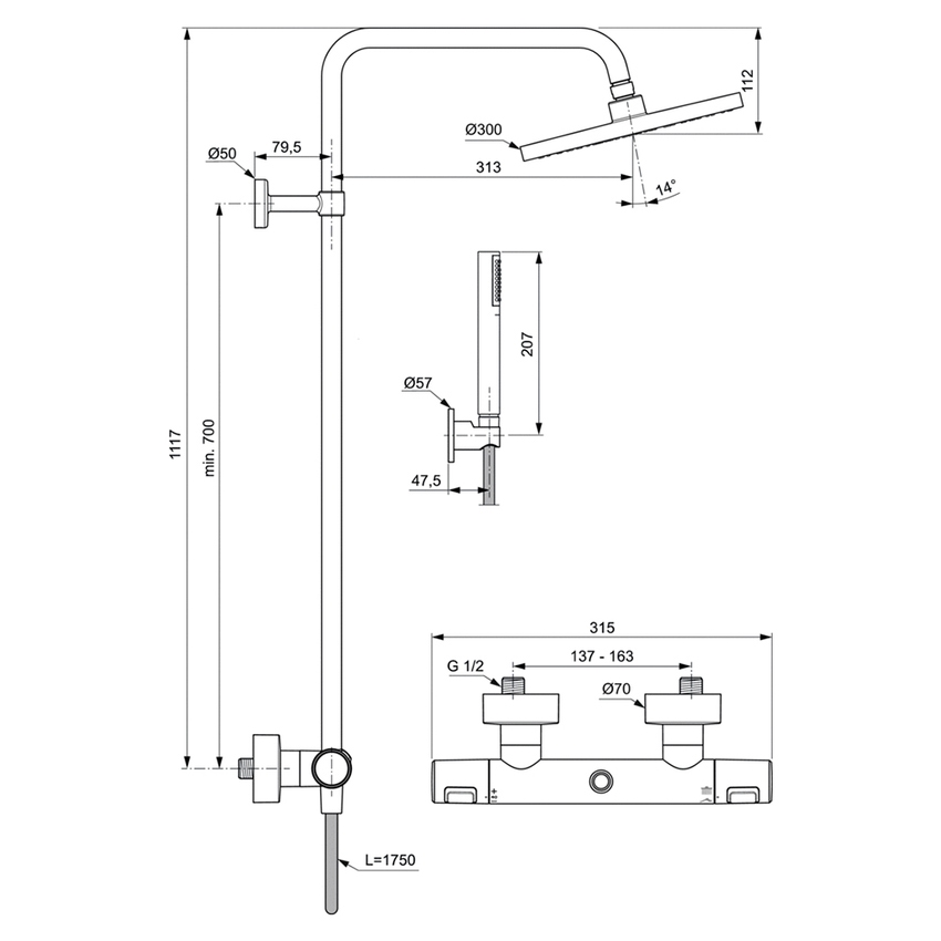 Ideal Standard BC748XG CERATHERM T25 colonna doccia con termostatico  esterno, supporto a muro per doccetta, soffione rotondo Ø 30 cm e doccetta  stick a una funzione, colore nero seta finitura opaco