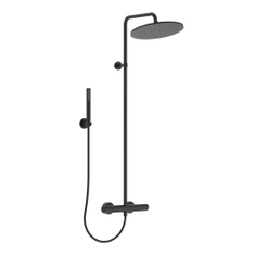 Immagine di Ideal Standard CERATHERM T25 colonna doccia con termostatico esterno, supporto a muro per doccetta, soffione rotondo Ø 30 cm e doccetta stick a una funzione, colore nero seta finitura opaco BC748XG