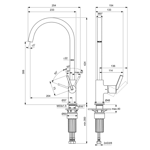 Immagine di Ideal Standard GUSTO miscelatore monocomando H.42 cm per lavello, con bocca alta squadrata, finitura magnetic grey BD411A5