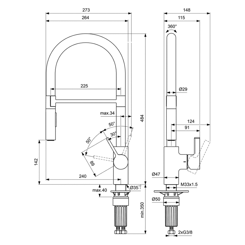Immagine di Ideal Standard GUSTO miscelatore semi professionale H.48 cm per lavello, con bocca orientabile ed estraibile, finitura silver storm BD417GN