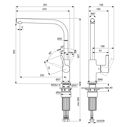Immagine di Ideal Standard GUSTO miscelatore monocomando H.33 cm per lavello, con bocca alta ad L, finitura silver storm BD418GN