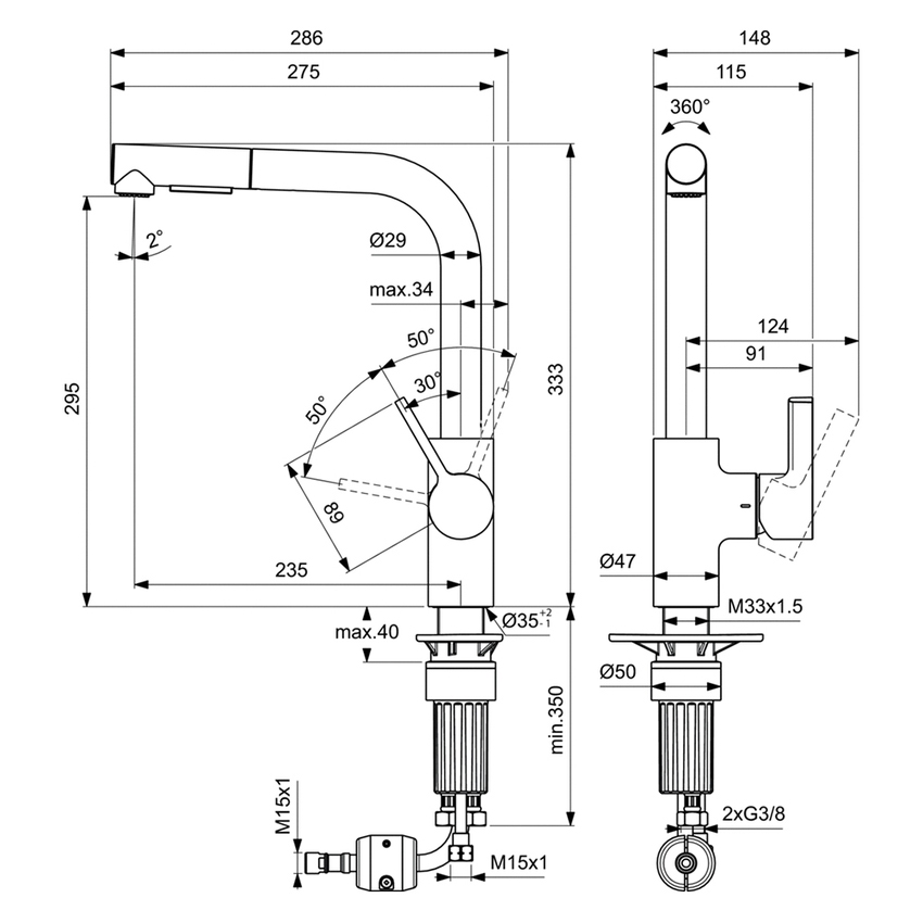 Immagine di Ideal Standard GUSTO miscelatore monocomando H.33 cm per lavello, con bocca alta ad L e doccetta estraibile a 2 funzioni, finitura cromo BD420AA