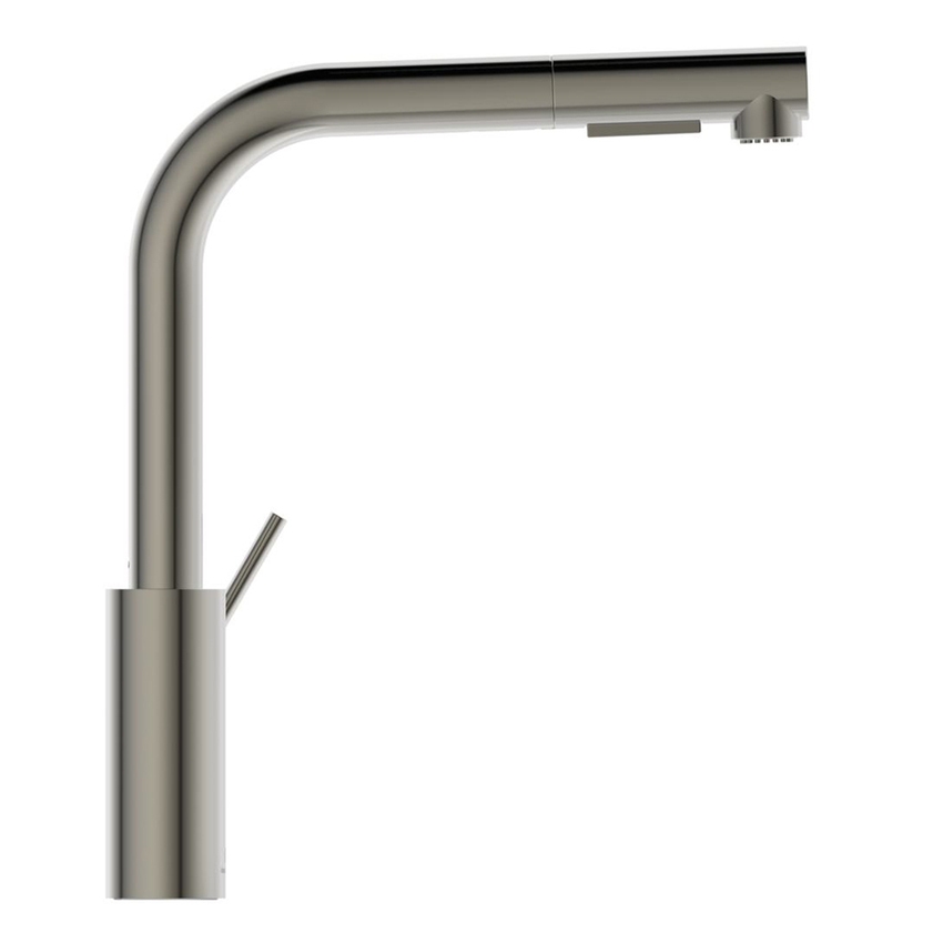 Immagine di Ideal Standard GUSTO miscelatore monocomando H.33 cm per lavello, con bocca alta ad L e doccetta estraibile a 2 funzioni, finitura silver storm BD420GN