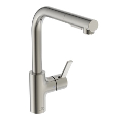 Immagine di Ideal Standard GUSTO miscelatore monocomando H.33 cm per lavello, con bocca alta ad L e doccetta estraibile a 2 funzioni, finitura silver storm BD420GN