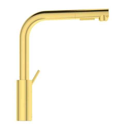 Immagine di Ideal Standard GUSTO miscelatore monocomando H.33 cm per lavello, con bocca alta ad L e doccetta estraibile a 2 funzioni, finitura brushed gold BD420A2