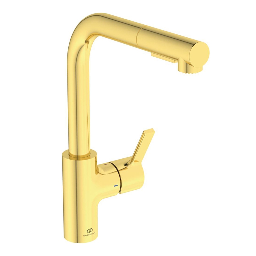 Immagine di Ideal Standard GUSTO miscelatore monocomando H.33 cm per lavello, con bocca alta ad L e doccetta estraibile a 2 funzioni, finitura brushed gold BD420A2