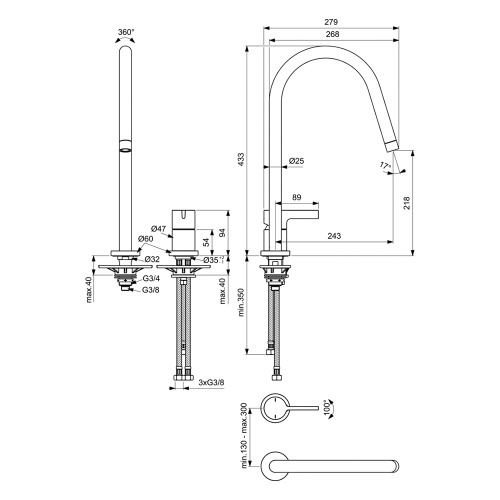 Immagine di Ideal Standard GUSTO miscelatore monocomando H.43 cm, a 2 fori con bocca alta tubolare e orientabile, finitura magnetic grey BD422A5