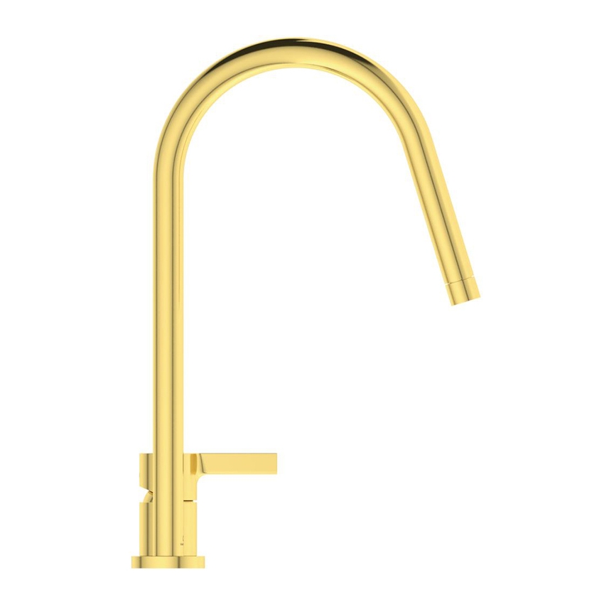 Immagine di Ideal Standard GUSTO miscelatore monocomando H.43 cm, a 2 fori con bocca alta tubolare e orientabile, finitura brushed gold BD422A2