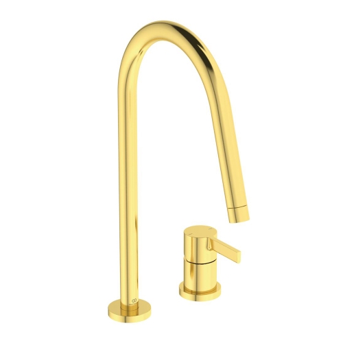 Immagine di Ideal Standard GUSTO miscelatore monocomando H.43 cm, a 2 fori con bocca alta tubolare e orientabile, finitura brushed gold BD422A2