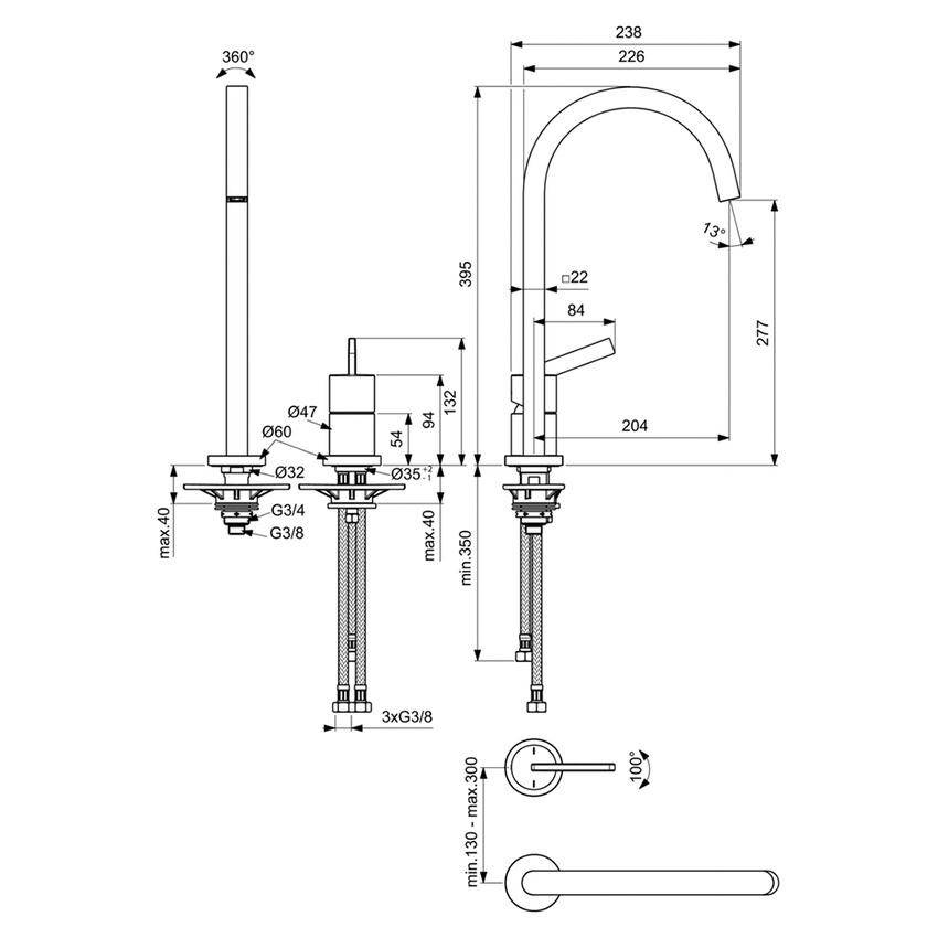Immagine di Ideal Standard GUSTO miscelatore monocomando H.40 cm, a 2 fori con bocca alta squadrata, finitura cromo BD423AA