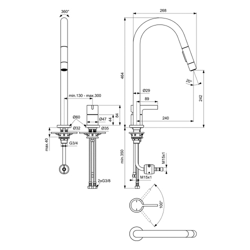 Immagine di Ideal Standard GUSTO miscelatore monocomando H.46 cm, a 2 fori con doccetta estraibile a 2 funzioni, finitura silver storm BD424GN