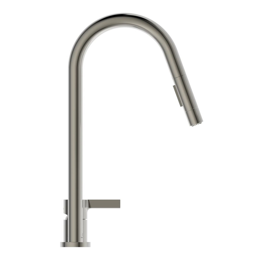 Immagine di Ideal Standard GUSTO miscelatore monocomando H.46 cm, a 2 fori con doccetta estraibile a 2 funzioni, finitura silver storm BD424GN