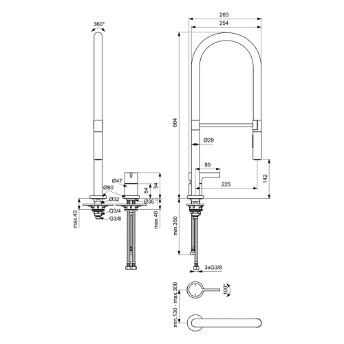 Immagine di Ideal Standard GUSTO miscelatore monocomando professionale H.60 cm, a 2 fori, con bocca orientabile e doccetta, finitura silver storm BD425GN