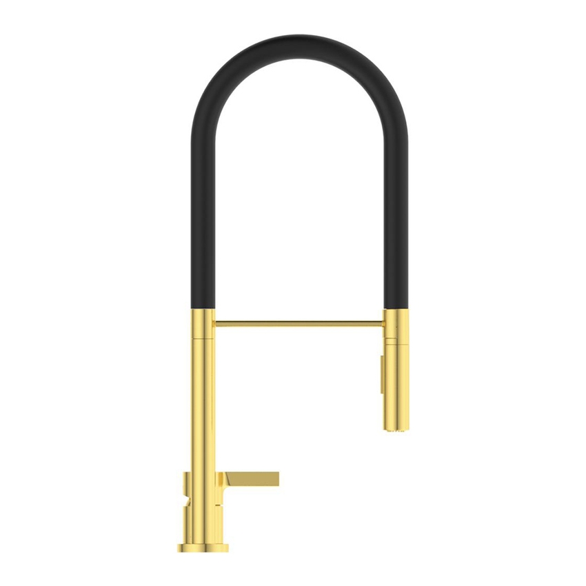 Immagine di Ideal Standard GUSTO miscelatore monocomando professionale H.60 cm, a 2 fori, con bocca orientabile e doccetta, finitura brushed gold BD425A2