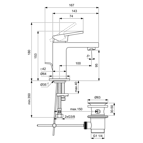 Immagine di Ideal Standard EXTRA miscelatore monocomando H.15 cm per lavabo, con asta di comando e scarico piletta 1-1/4", finitura silver storm BD502GN