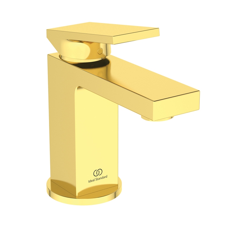 Immagine di Ideal Standard EXTRA miscelatore monocomando H.15 cm per lavabo, senza asta di comando e scarico piletta 1-1/4", finitura brushed gold BD503A2