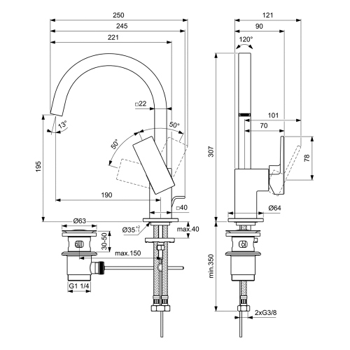 Immagine di Ideal Standard EXTRA miscelatore monocomando H.31 cm per lavabo con bocca alta, con asta di comando e scarico piletta 1-1/4", finitura brushed gold BD504A2