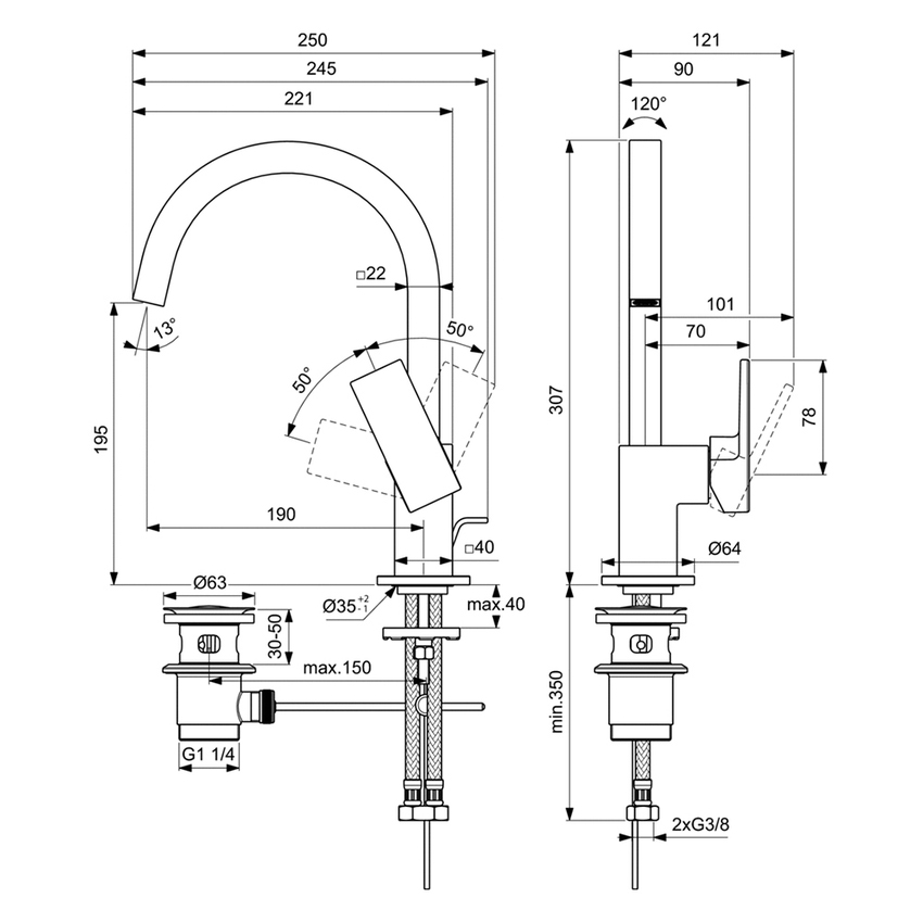 Immagine di Ideal Standard EXTRA miscelatore monocomando H.31 cm per lavabo con bocca alta, con asta di comando e scarico piletta 1-1/4", finitura cromo BD504AA