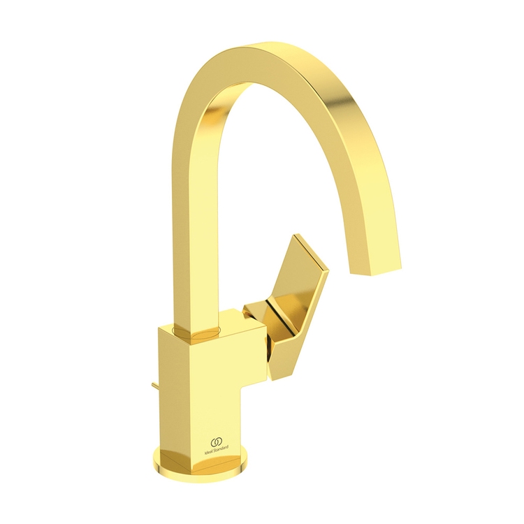 Immagine di Ideal Standard EXTRA miscelatore monocomando H.31 cm per lavabo con bocca alta, con asta di comando e scarico piletta 1-1/4", finitura brushed gold BD504A2