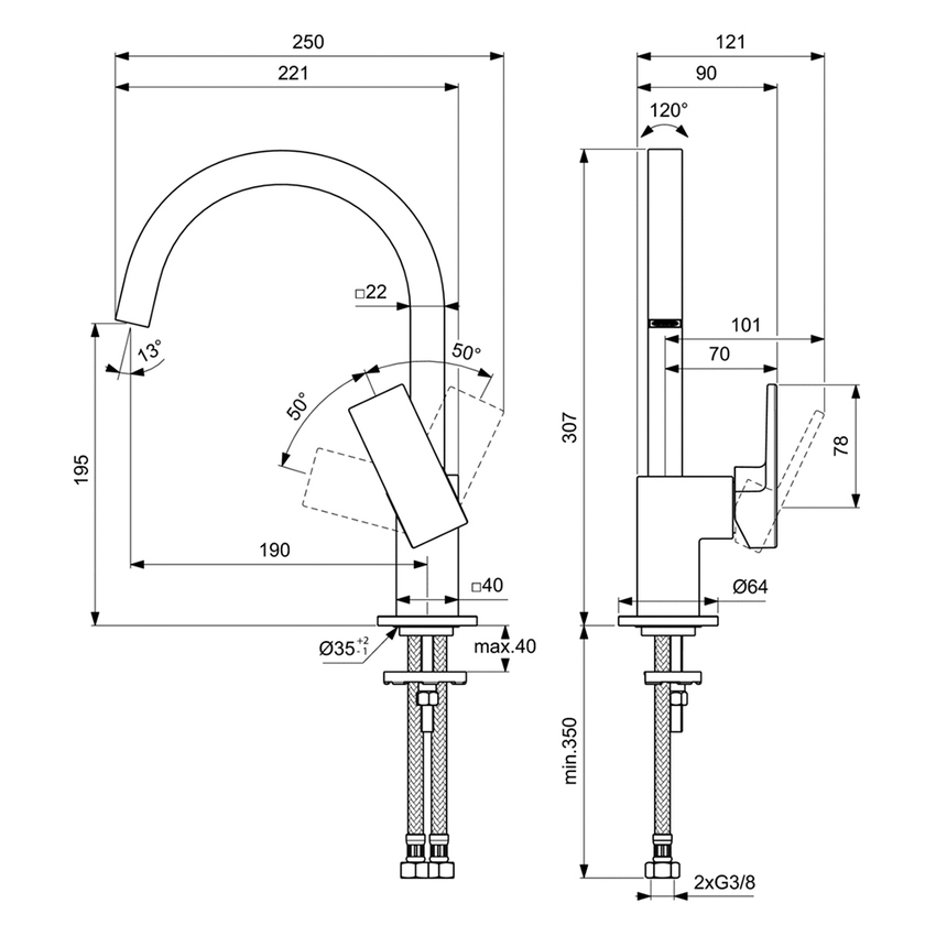 Immagine di Ideal Standard EXTRA miscelatore monocomando H.31 cm per lavabo con bocca alta, senza asta di comando e scarico piletta 1-1/4", finitura silver storm BD505GN