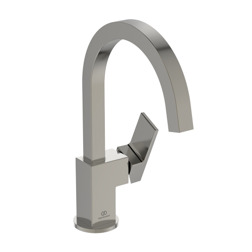 Immagine di Ideal Standard EXTRA miscelatore monocomando H.31 cm per lavabo con bocca alta, senza asta di comando e scarico piletta 1-1/4", finitura silver storm BD505GN