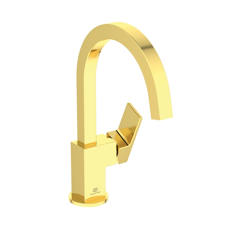 Immagine di Ideal Standard EXTRA miscelatore monocomando H.31 cm per lavabo con bocca alta, senza asta di comando e scarico piletta 1-1/4", finitura brushed gold BD505A2