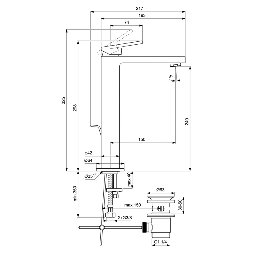Immagine di Ideal Standard EXTRA miscelatore monocomando H.30 cm per lavabo da appoggio su piano, con asta di comando e scarico piletta 1-1/4", finitura cromo BD506AA