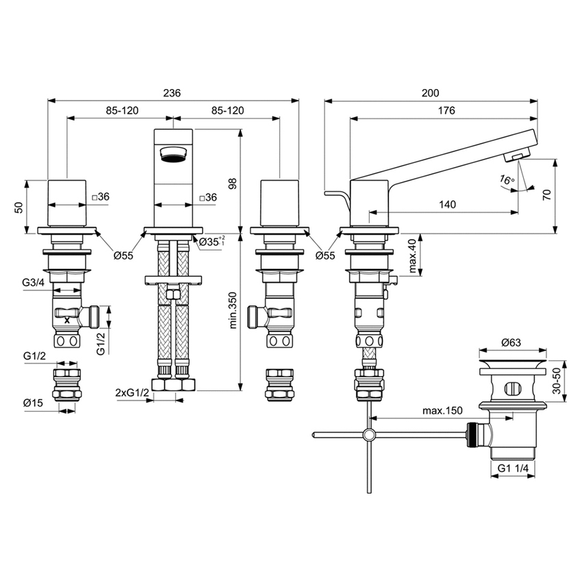 Immagine di Ideal Standard EXTRA miscelatore lavabo a 3 fori, con asta di comando e scarico piletta 1-1/4", finitura brushed gold BD508A2