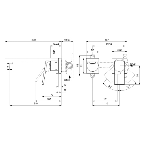 Immagine di Ideal Standard EXTRA miscelatore monocomando P.23 cm lavabo, installazione a parete, senza corpo incasso, finitura silver storm BD510GN