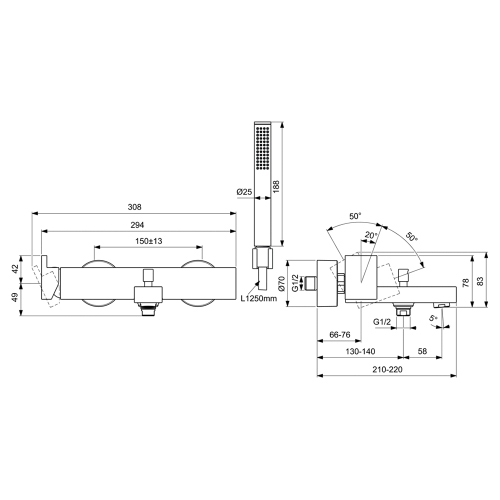 Immagine di Ideal Standard EXTRA miscelatore monocomando esterno per vasca o doccia, con deviatore, doccetta stick, tubo flessibile 125 cm e supporto a parete fisso, finitura brushed gold BD514A2