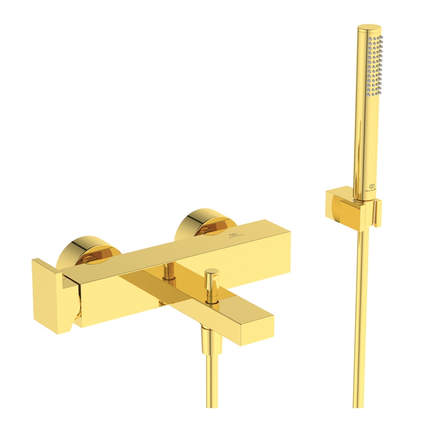 Immagine di Ideal Standard EXTRA miscelatore monocomando esterno per vasca o doccia, con deviatore, doccetta stick, tubo flessibile 125 cm e supporto a parete fisso, finitura brushed gold BD514A2