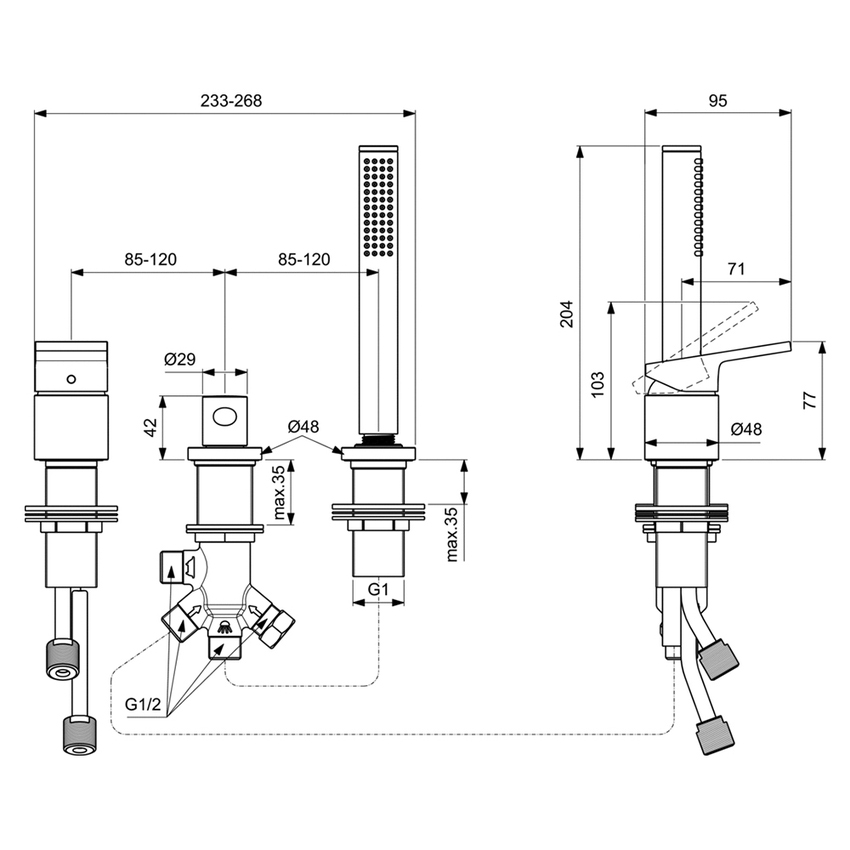 Immagine di Ideal Standard EXTRA gruppo bordo vasca 3 fori, con deviatore, miscelatore monocomando, doccetta stick e tubo flessibile 175 cm, finitura magnetic grey BD517A5