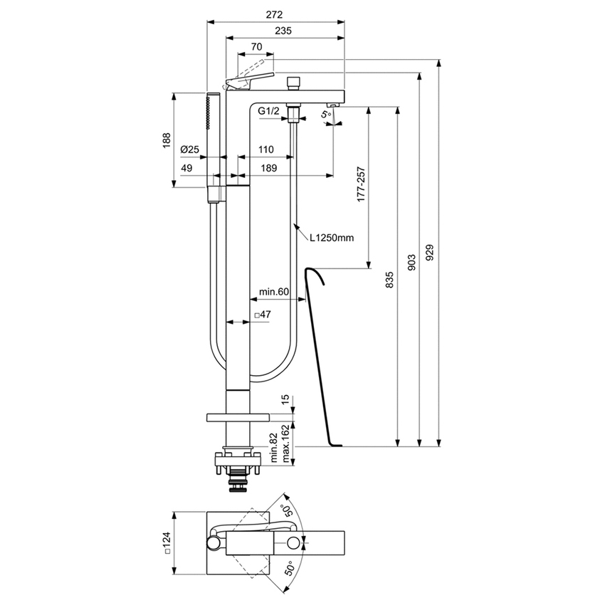 Immagine di Ideal Standard EXTRA miscelatore freestanding per vasca, con deviatore, doccetta stick, tubo flessibile 125 cm e supporto doccetta, finitura cromo BD520AA