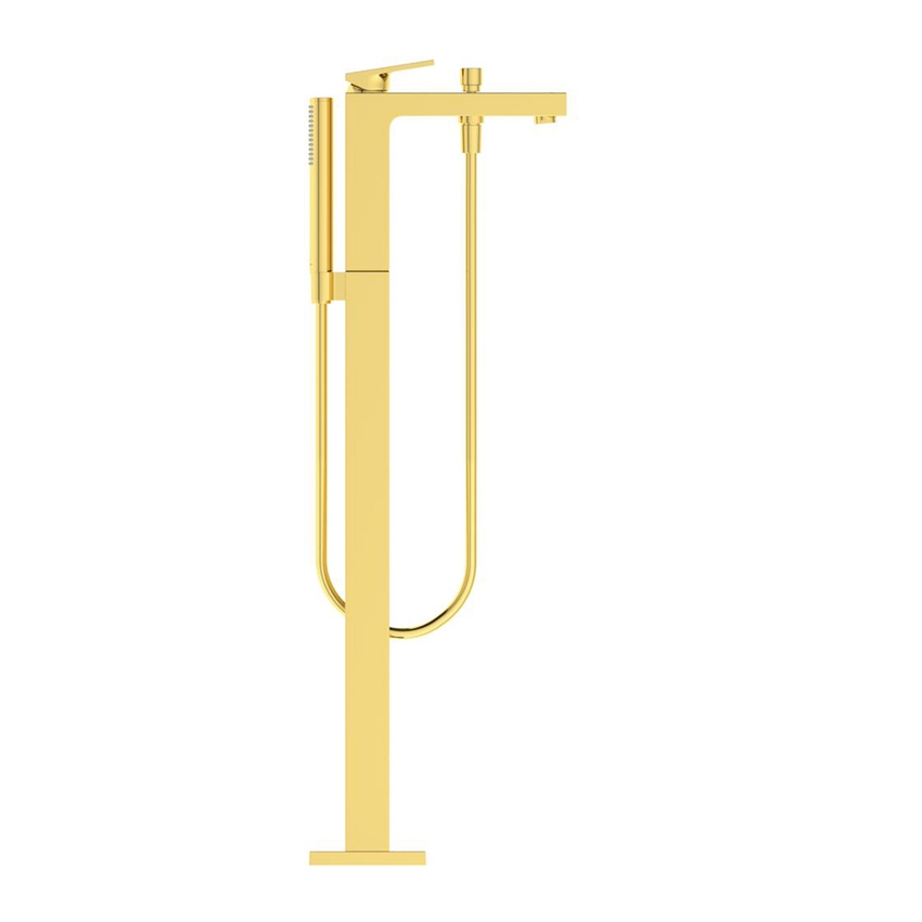 Immagine di Ideal Standard EXTRA miscelatore freestanding per vasca, con deviatore, doccetta stick, tubo flessibile 125 cm e supporto doccetta, finitura brushed gold BD520A2