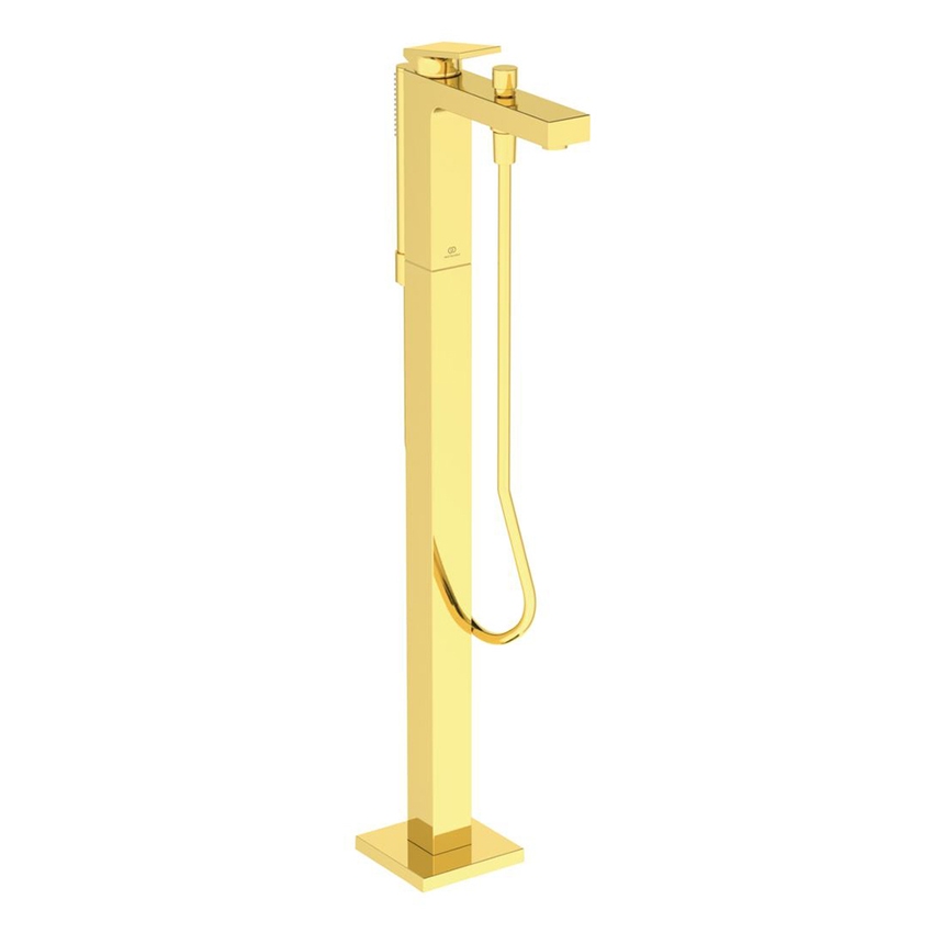 Immagine di Ideal Standard EXTRA miscelatore freestanding per vasca, con deviatore, doccetta stick, tubo flessibile 125 cm e supporto doccetta, finitura brushed gold BD520A2