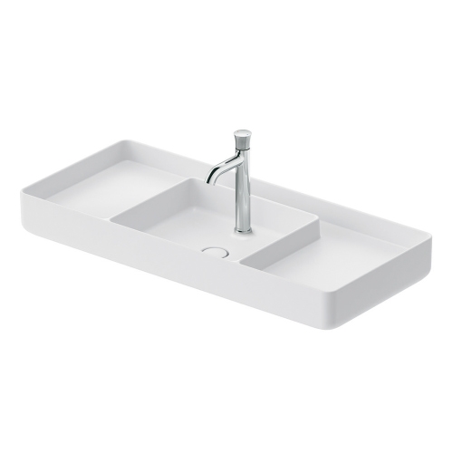 Immagine di Duravit BENTO STARCK BOX bacinella da appoggio soprapiano rettangolare L.104 cm, con rettifica, senza troppopieno, con foro per rubinetteria, HygieneGlaze, colore bianco 2381102071