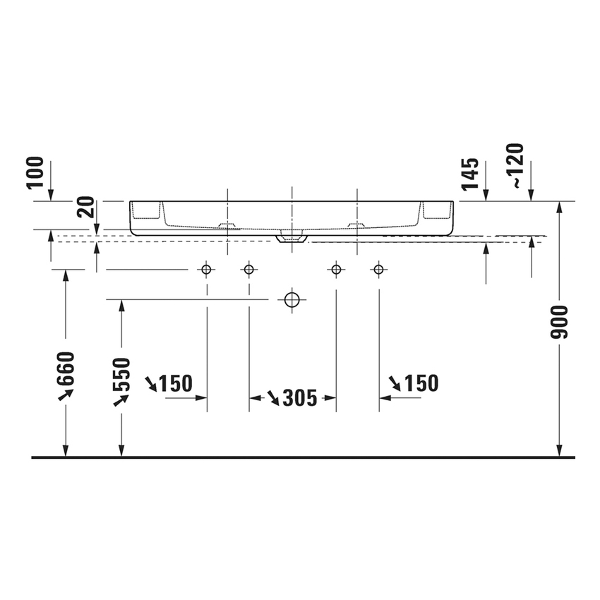 Immagine di Duravit BENTO STARCK BOX bacinella da appoggio soprapiano rettangolare L.115 cm, con rettifica, senza troppopieno, con foro per rubinetteria, colore bianco finitura opaco 2660113272
