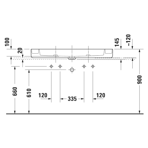 Immagine di Duravit BENTO STARCK BOX bacinella da appoggio soprapiano rettangolare L.115 cm, con rettifica, senza troppopieno, con foro per rubinetteria, colore bianco finitura opaco 2660113272
